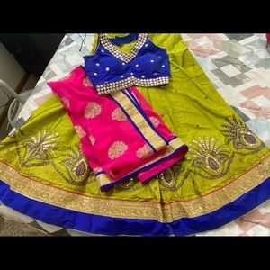 Beautiful Embroidered lehenga in line green, blue and pink